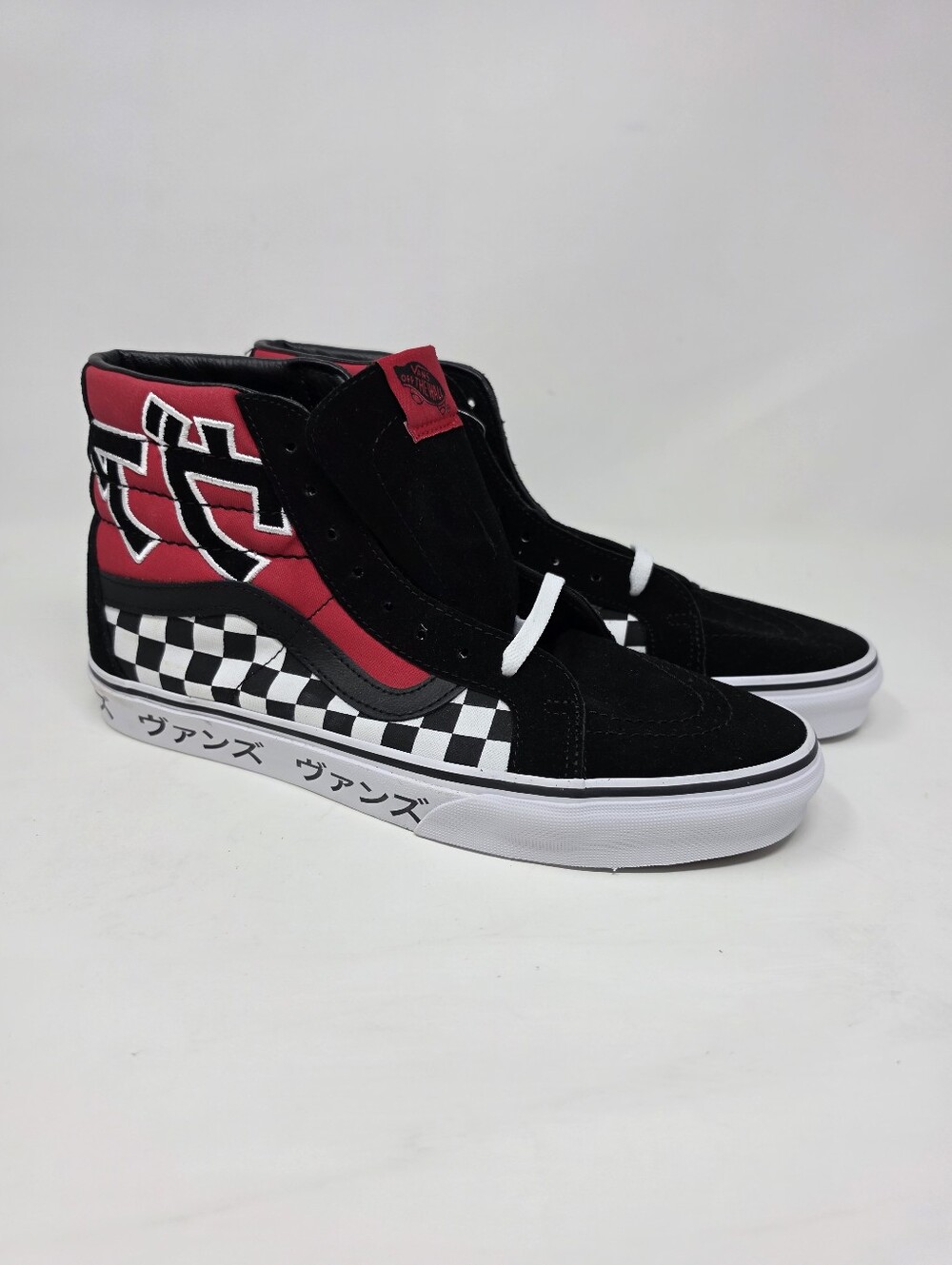 Vans High-Top Checkerboard Sneakers in Black & Red